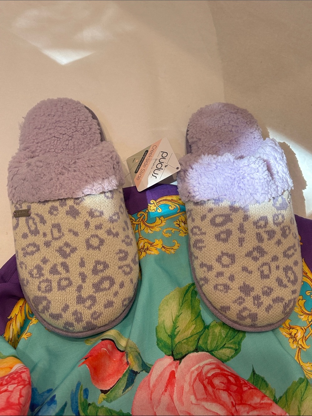 Pudus Women's Lavender Leopard-Print knit Plush Slide Slippers size xl 11-12 new